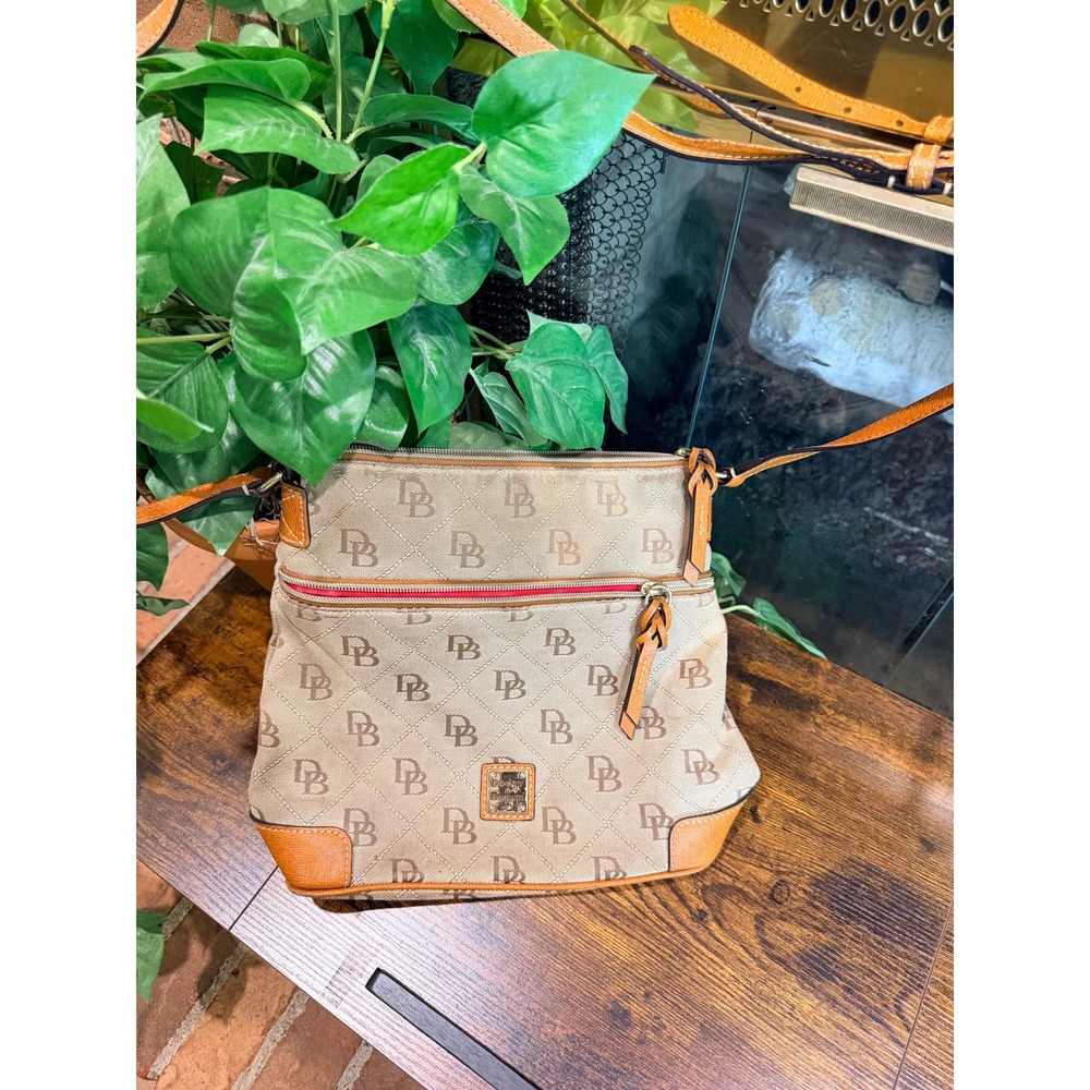 Dooney & Bourke Crossbody Bag Women Tan Monogram Canvas Leather Trim Y2K M